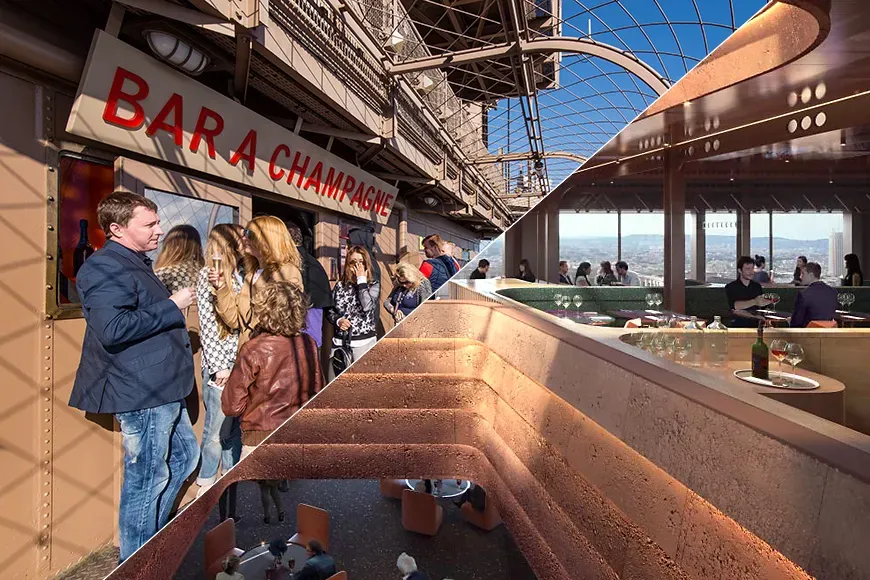 a split view of the champagne bar and jules verne restaurant at eiffel tower